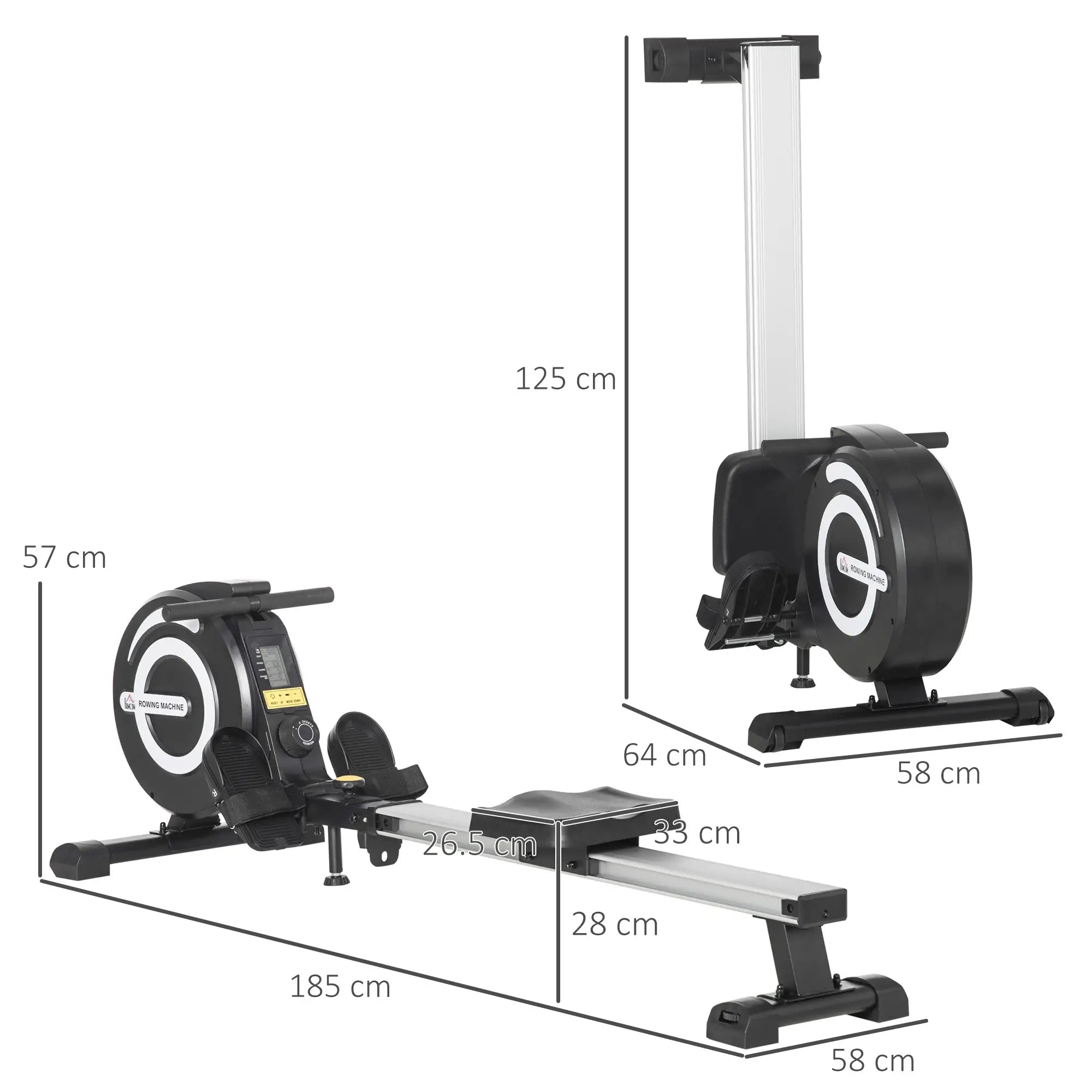 Folding Magnetic Rowing Machine for Home Training, 8-Level Adjustable Flywheel and LCD Monitor, 185x58x57cm, Black - Borge' Group Limited