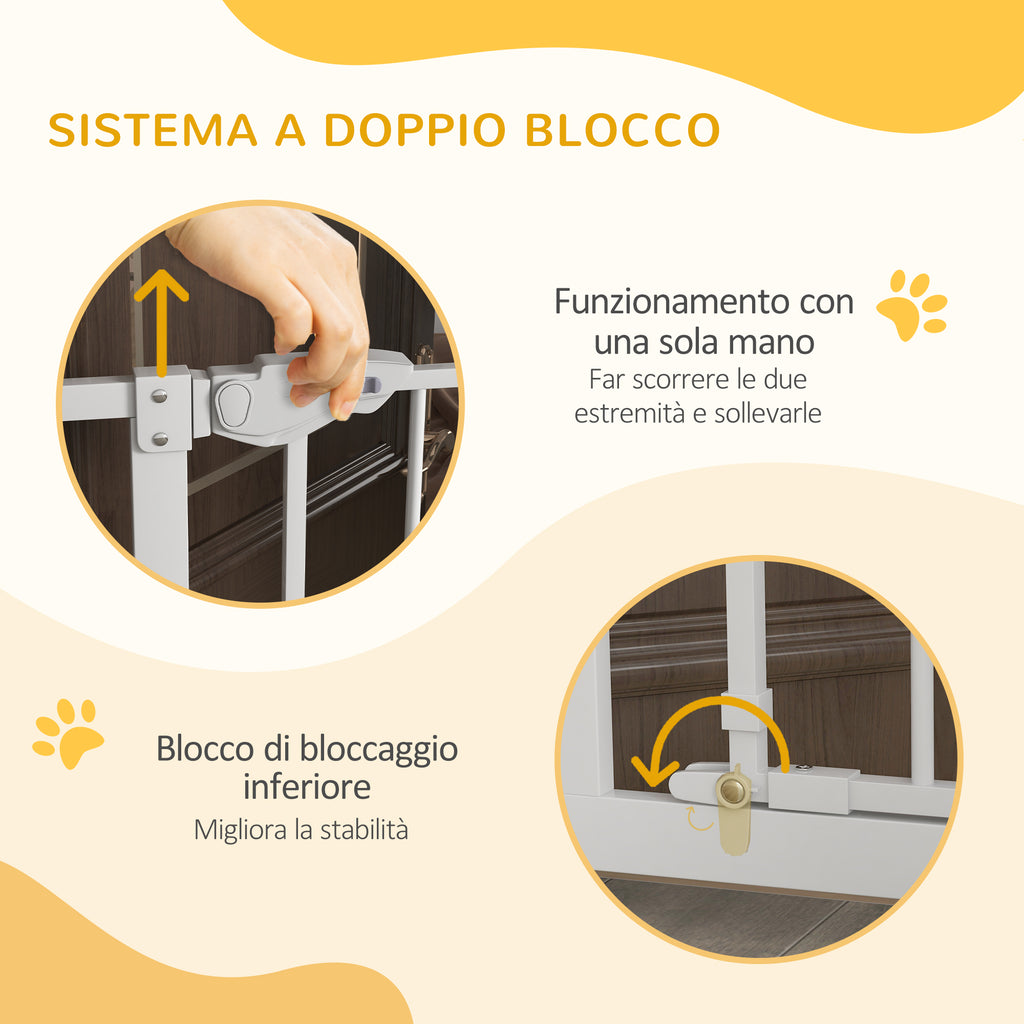 Tall Adjustable Dog Gate with Small Door and Automatic Closing, 74-80x104cm, White
