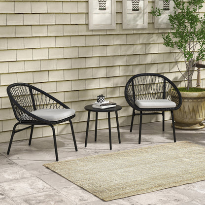 Garden set with 2 chairs with Cushions and coffee table in steel and rattan, black