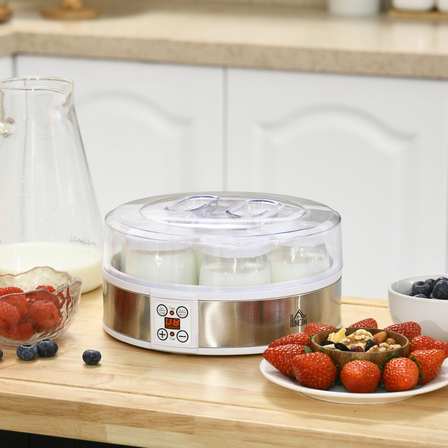 Yogurt Maker 20W 1.5L with 7 Jars and Button Display, Stainless Steel and Plastic, 24x24x13 cm, White