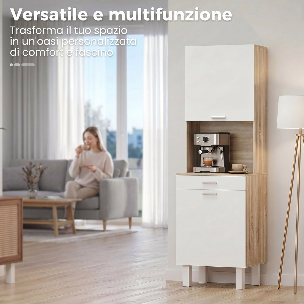 HOMCOM Kitchen Sideboard with Open Shelves, 2 Cabinets and Drawer, in Wood and Metal, 55x40x175 cm, White and Wood