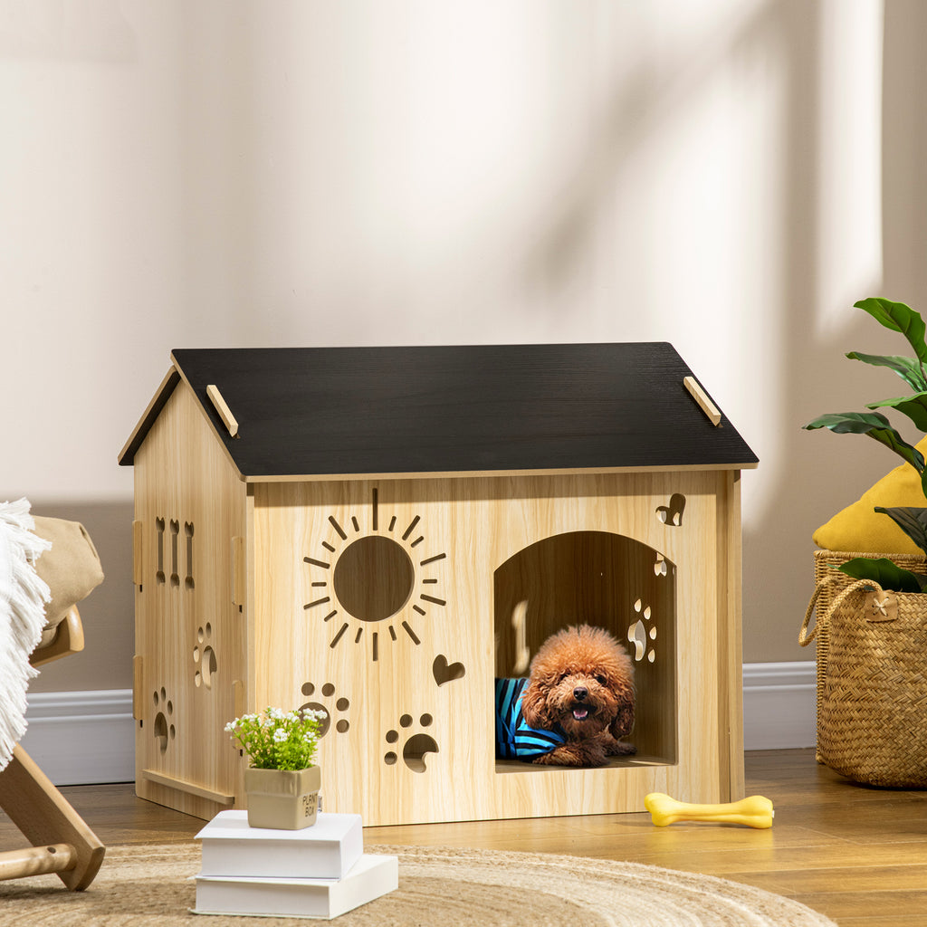 Indoor Dog House with Wooden Frame and Paw, Heart, and Bone-Shaped Openings, Oak