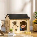 Indoor Dog House with Wooden Frame and Paw, Heart, and Bone-Shaped Openings, Oak
