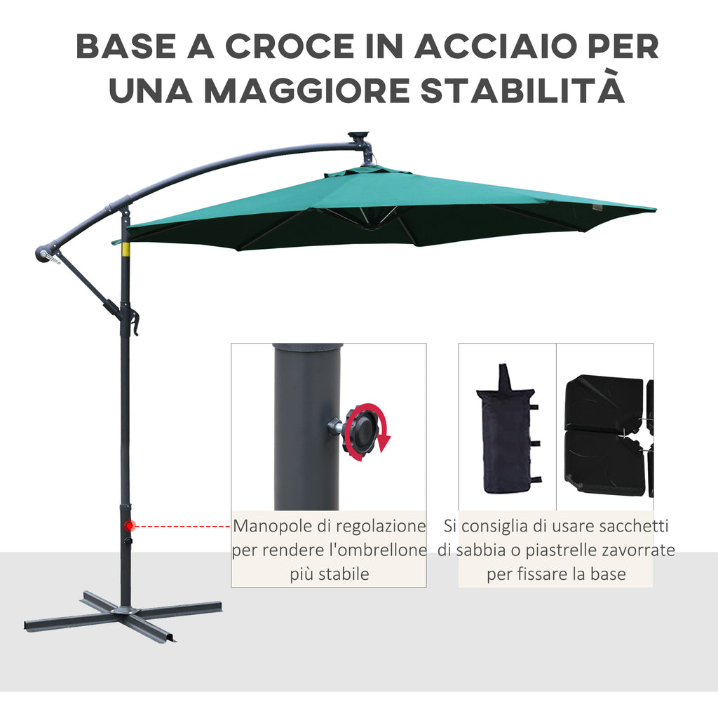 Garden Umbrella Ø3x2.5 m with Crank Arm and 8 Solar-Powered LED Strips, Green