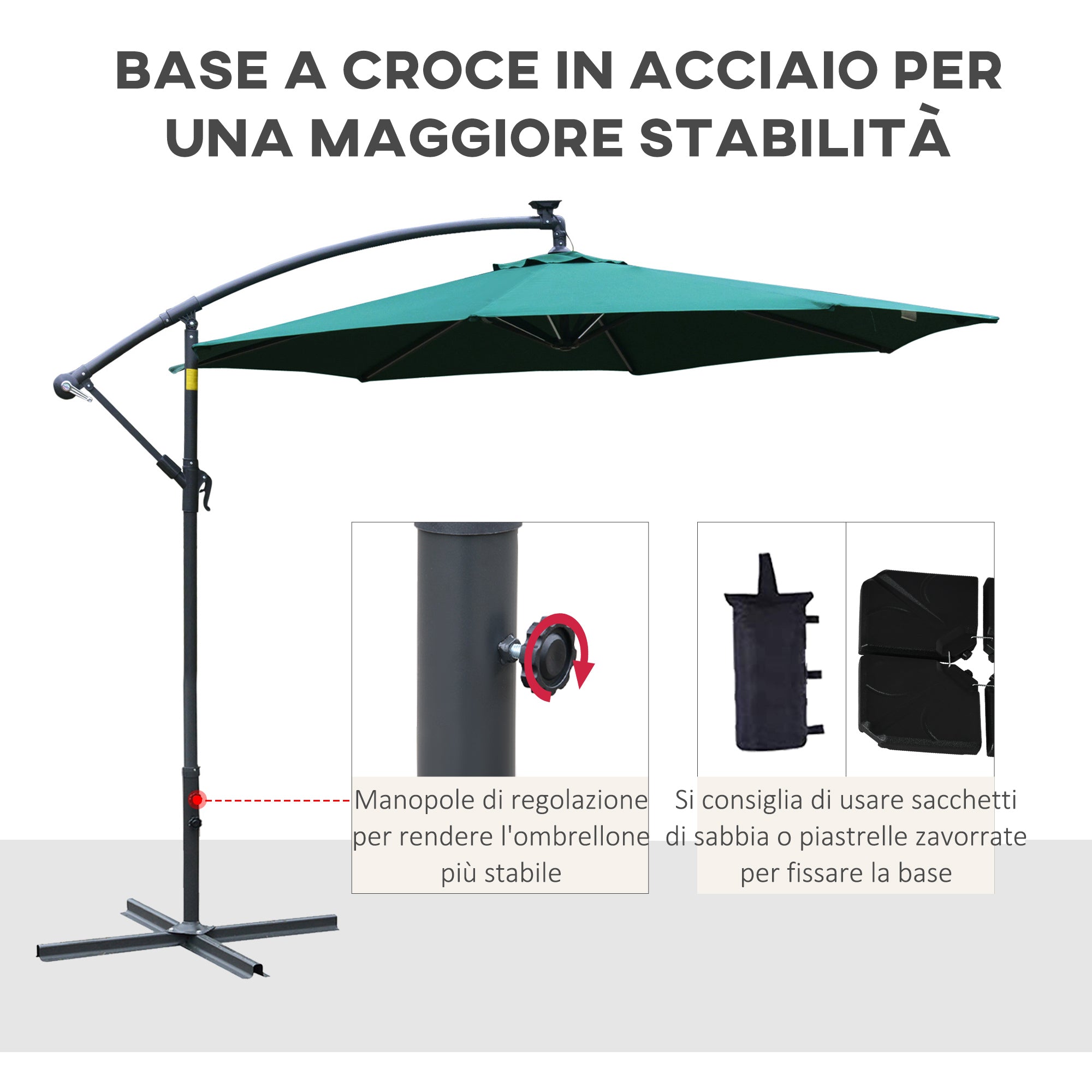 Garden Umbrella Ø3x2.5 m with Crank Arm and 8 Solar-Powered LED Strips, Green