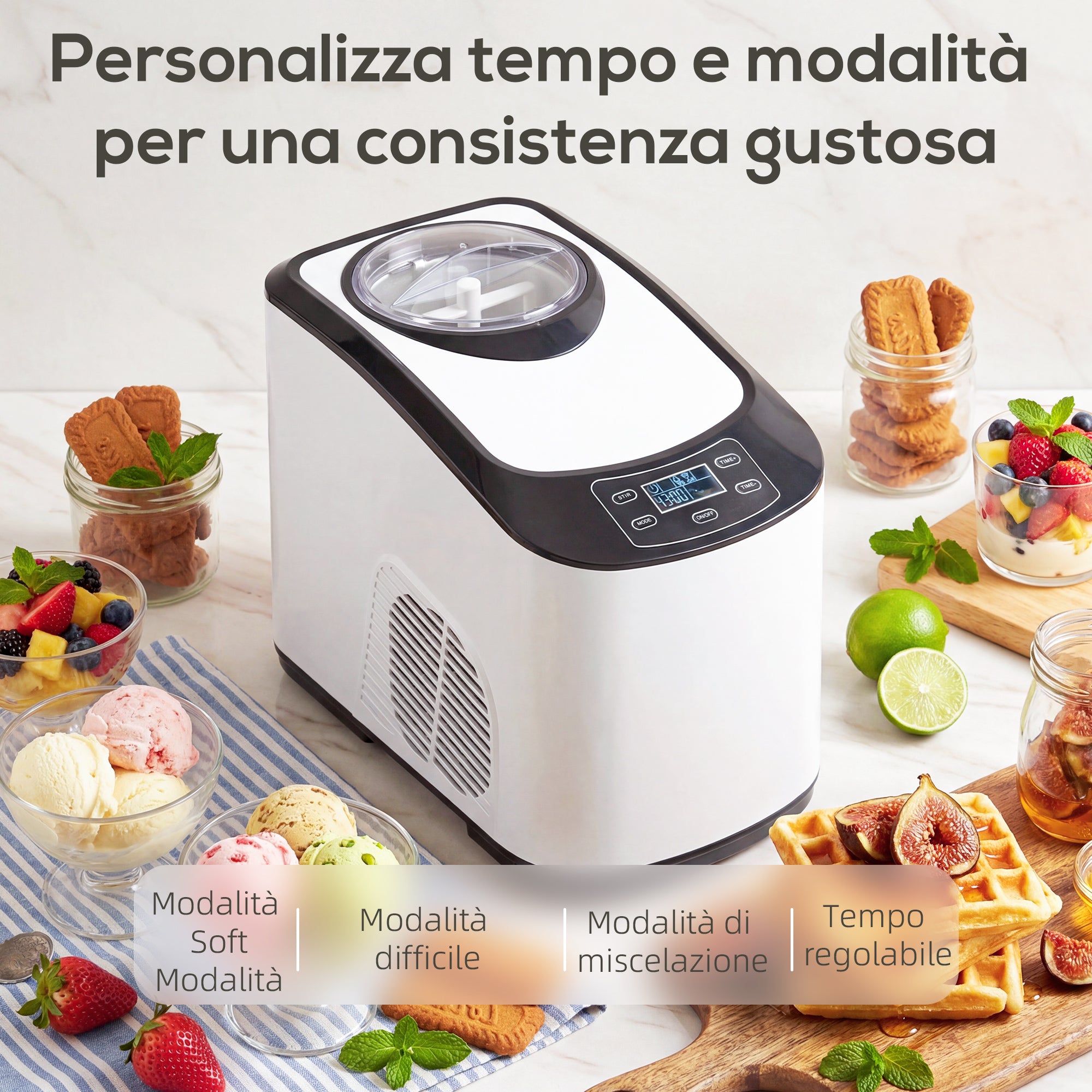 Ice Cream Maker with Built-in Compressor 1.5L, Soft and Hard Modes, Auto-Keep Cold Function, White