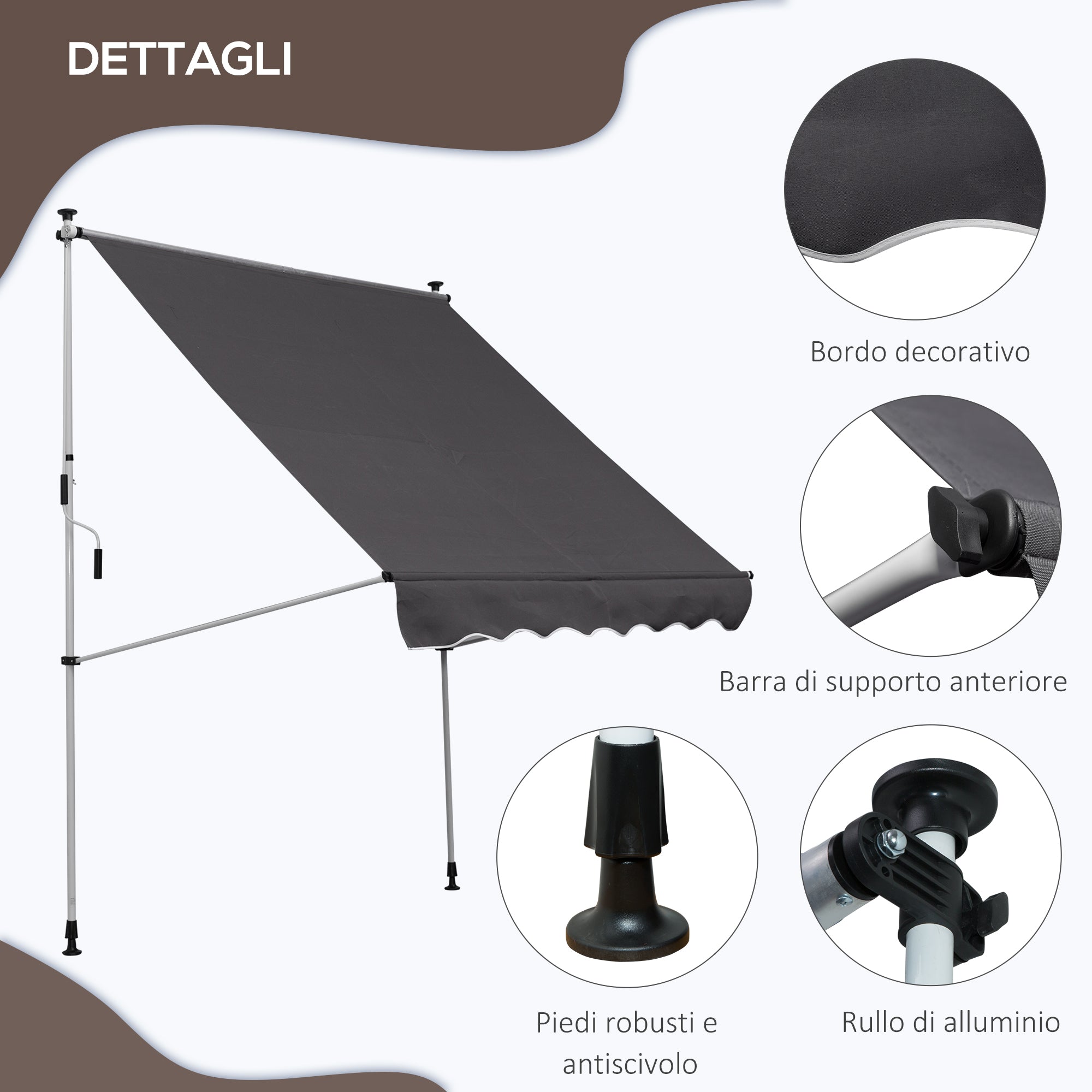 Outsunny 2x1.5m Outdoor Roller Awning with Crank, Adjustable Height and Angle, Grey