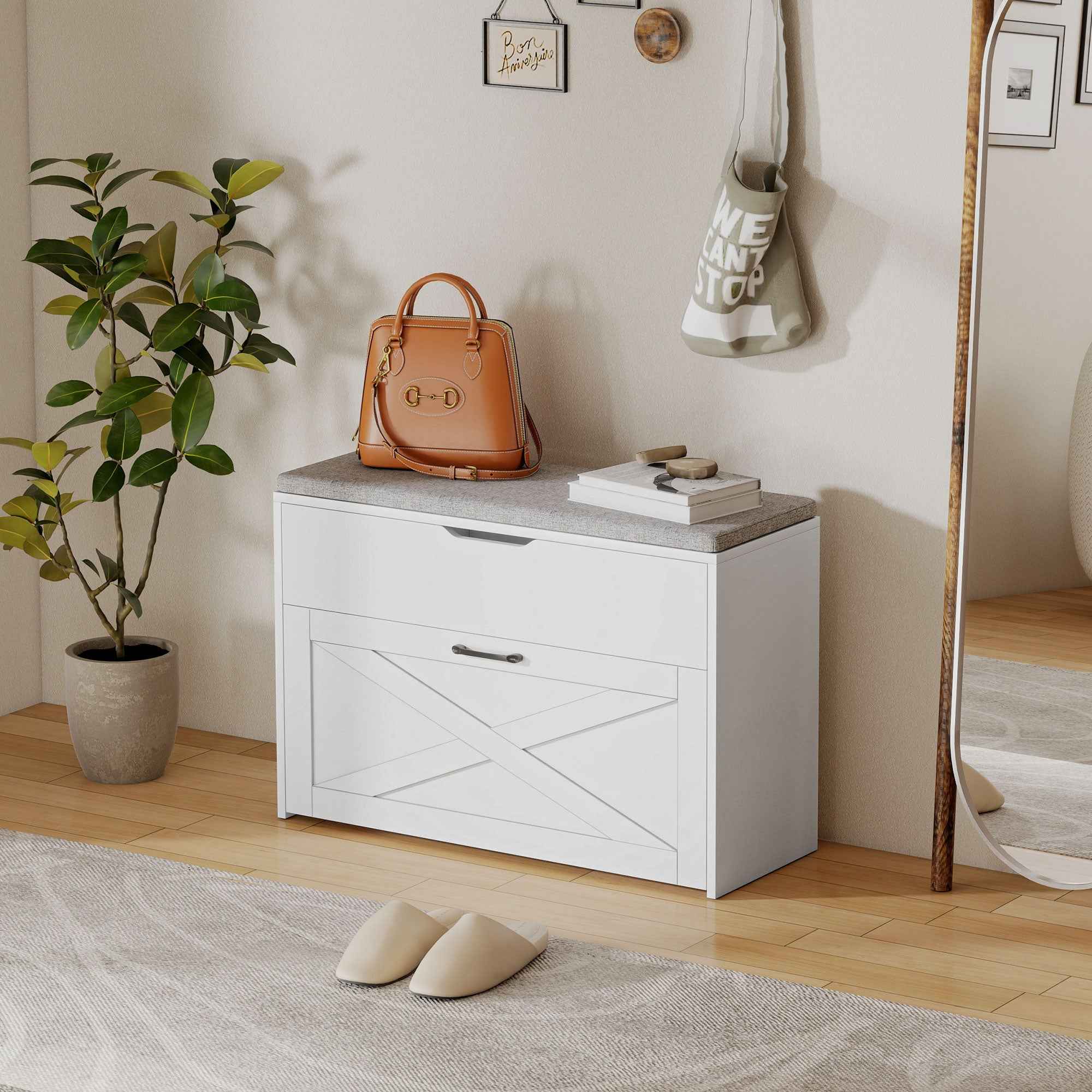 HOMCOM Shoe Bench with Folding Drawer and Storage, Capacity for 8 Pairs of Shoes, 80x30x55 cm, White