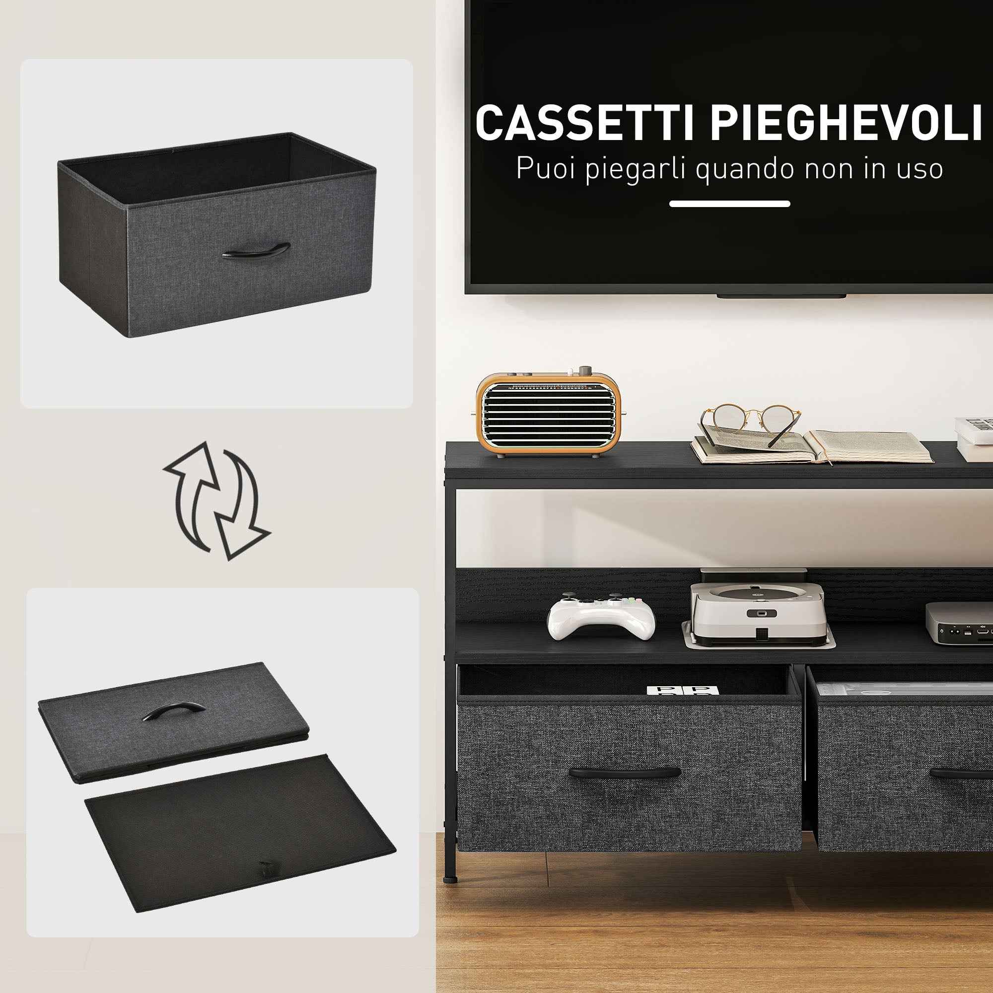 HOMCOM 47" TV Stand with Folding Fabric Drawers and Metal and MDF Shelf, 98x29x56 cm, Black