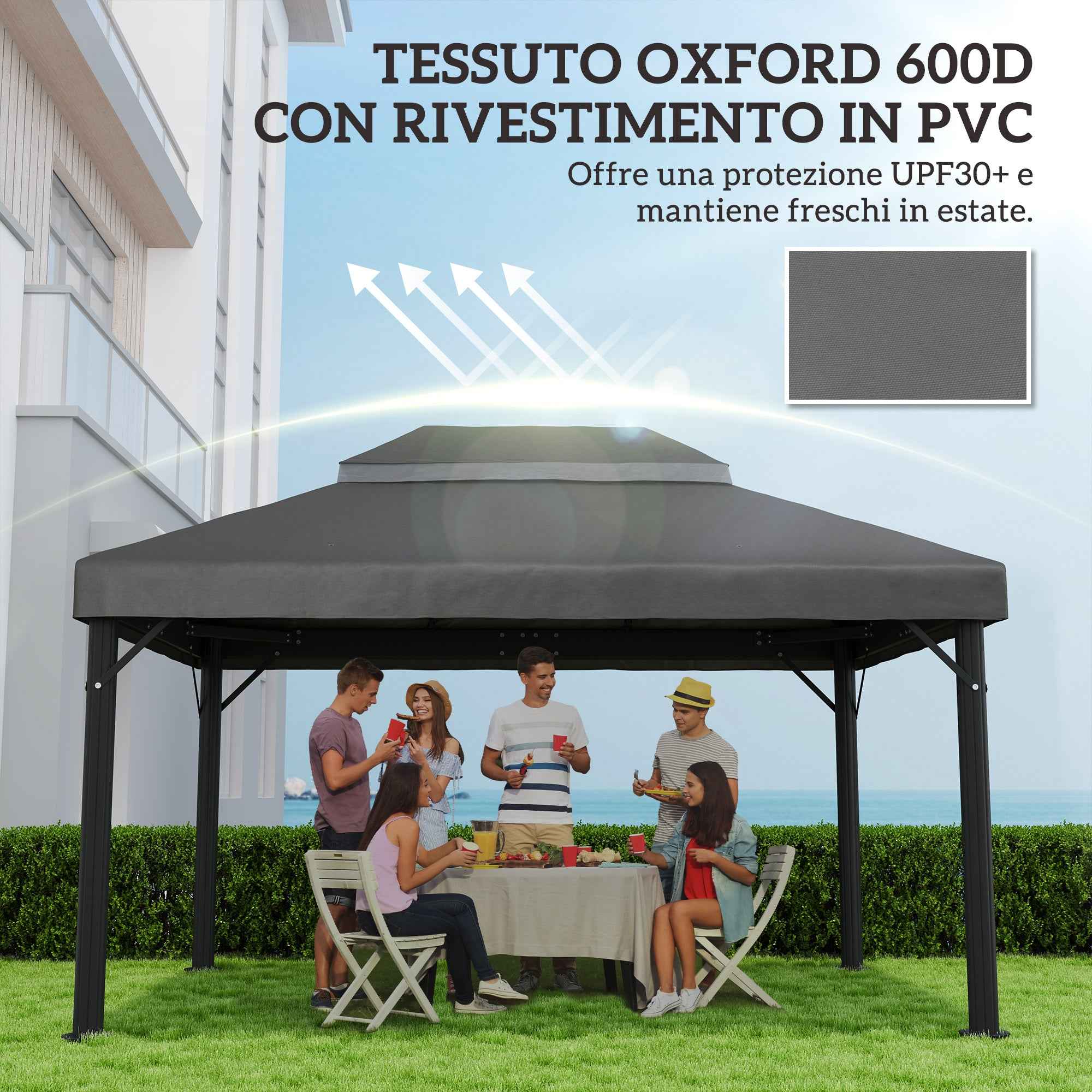 Outsunny 3x4m 2-Tier Garden Gazebo Cover in 600D Oxford Fabric with Drainage Holes, Dark Grey