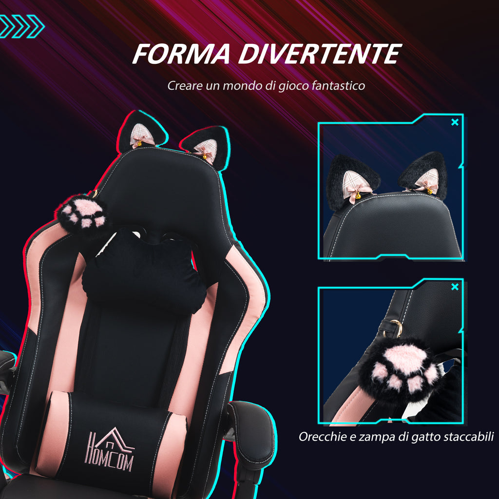 Reclining Gaming Chair with Footrest and Cushions, Faux Leather and Sponge, 65x62x116-124 cm, Pink and Black