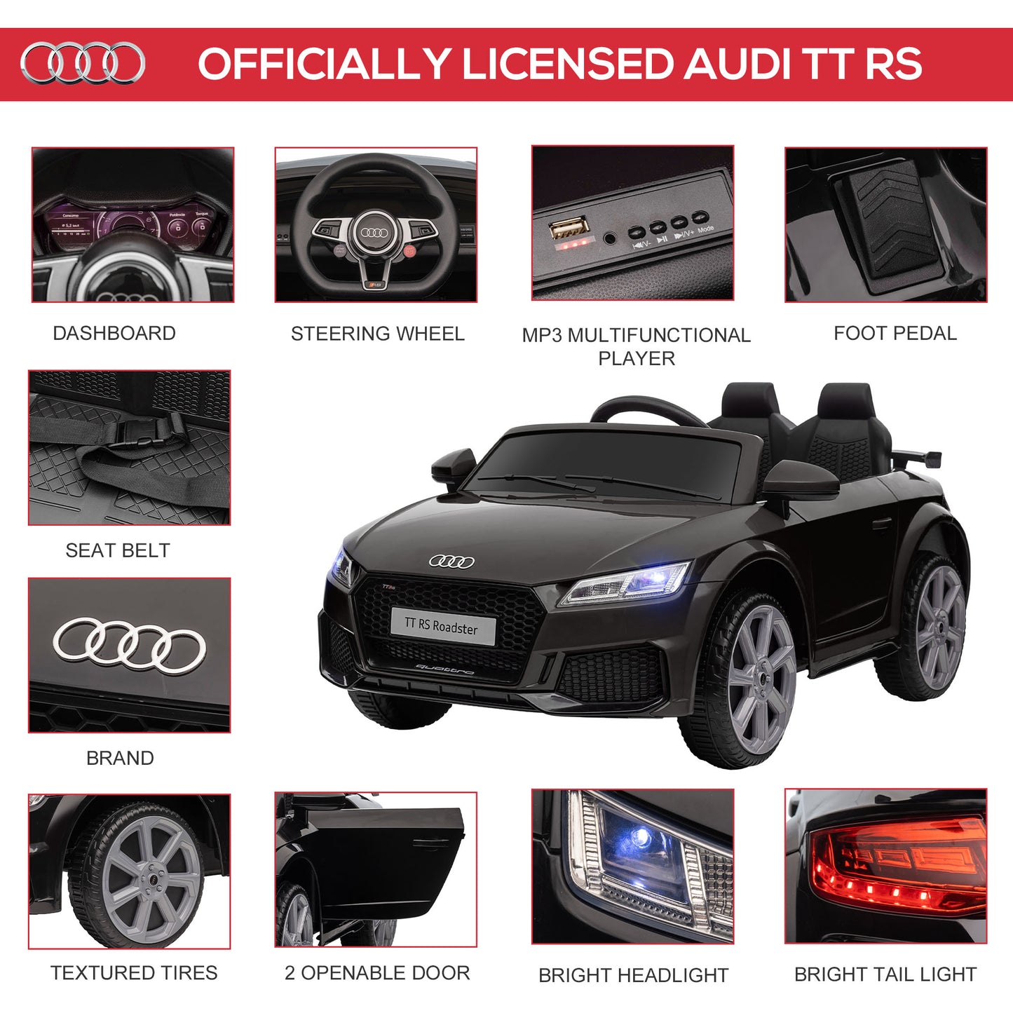 Homcom Children's electric machine 3-5 years Audi TT with remote control, opening goalkeeper and LED headlights, black - Borgè