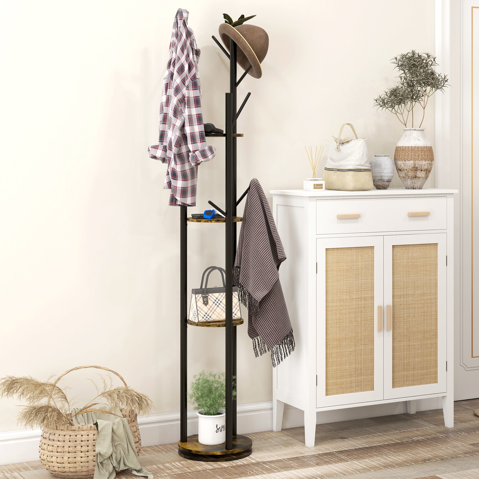 Industrial Style Rotating Floor Coat Rack with 8 Hooks and 4 Shelves, Ø30x175cm, Brown