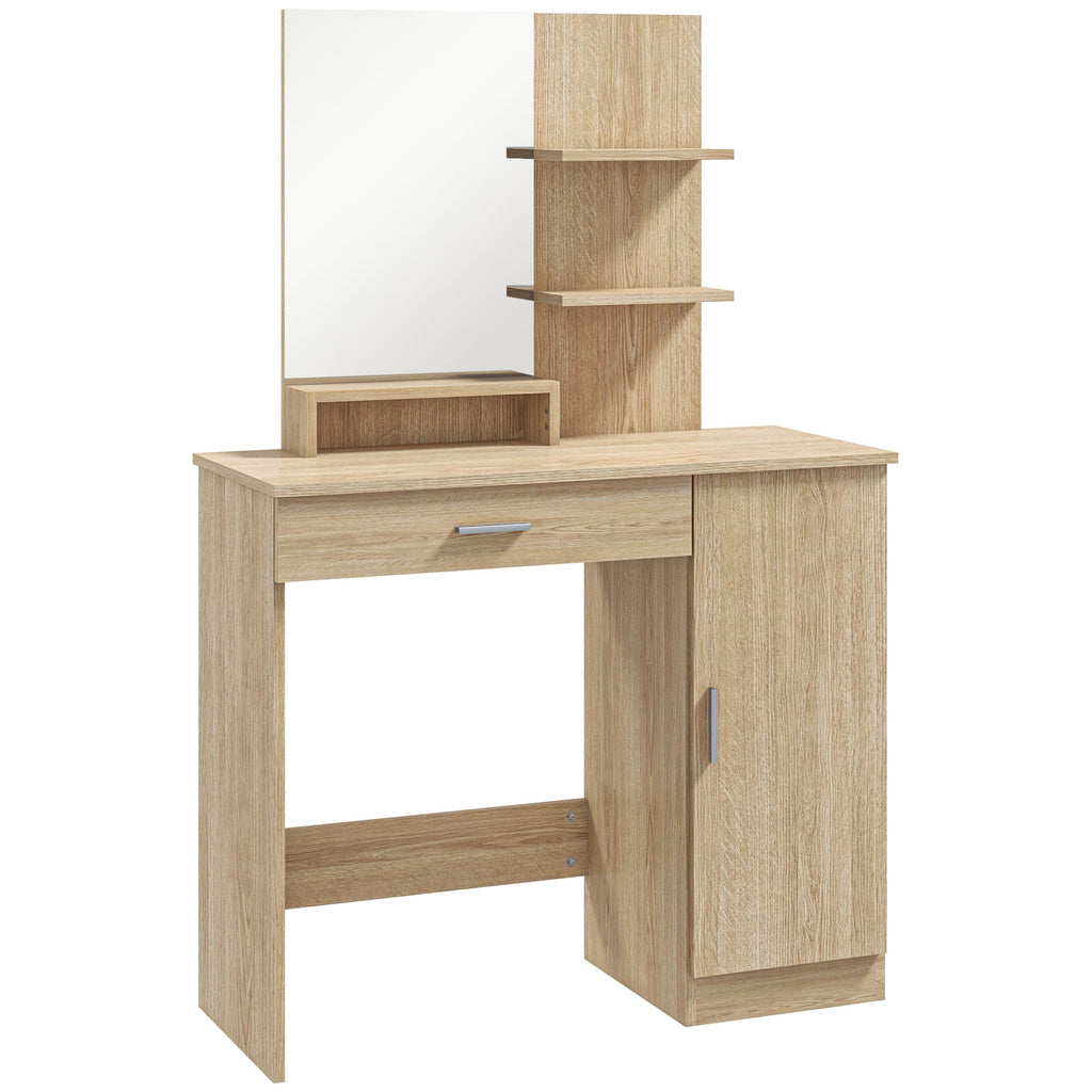 Dressing Table with Cabinet, Drawer, Makeup Mirror and Open Shelves, 90x38x138 cm, Maple