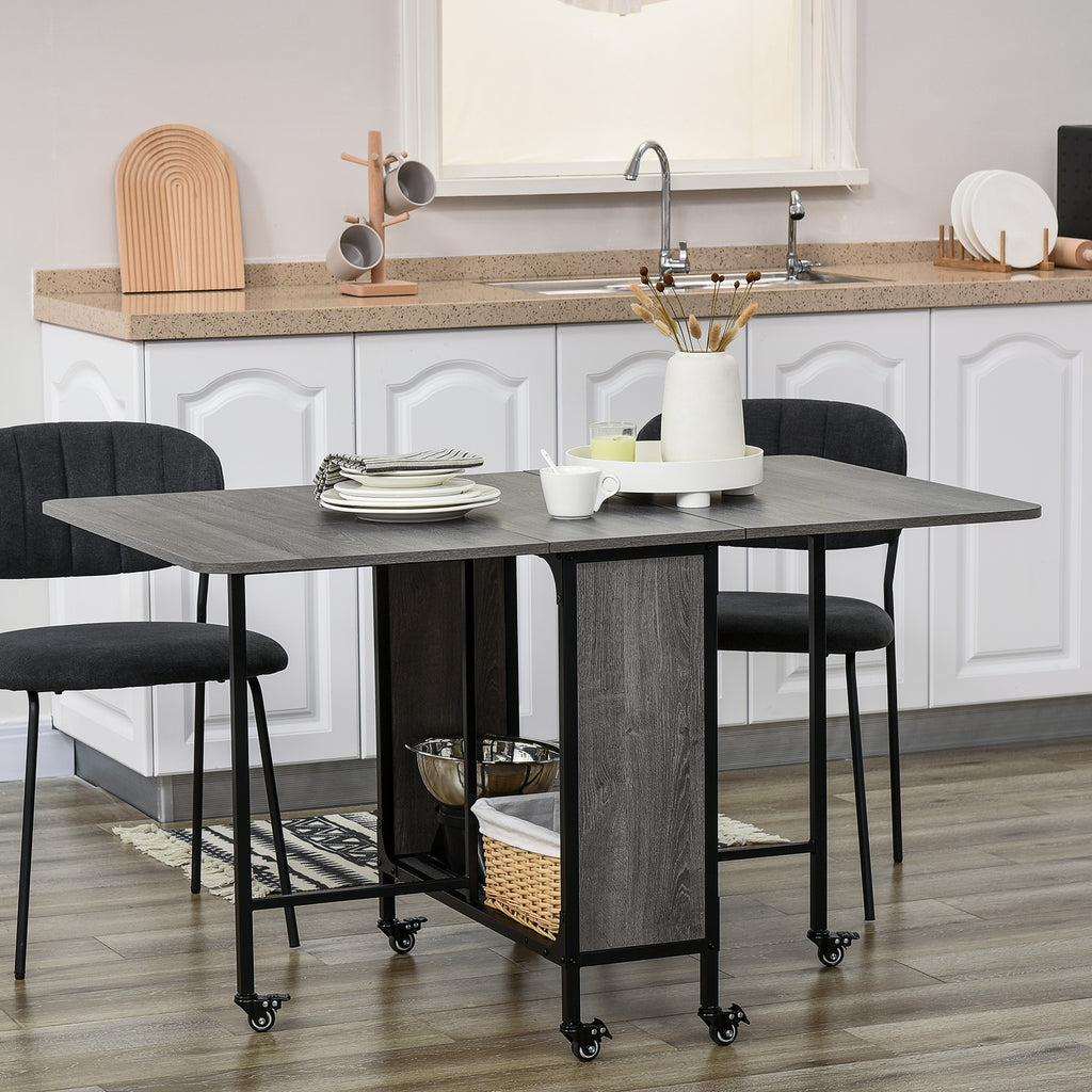 Folding Dining Table for up to 6 People with Shelf, in Wood and Metal, 130x80x74 cm, Grey