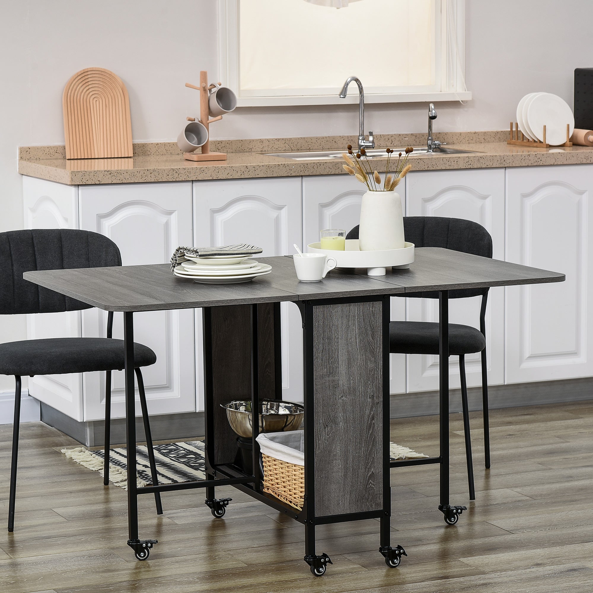Folding Dining Table for up to 6 People with Shelf, in Wood and Metal, 130x80x74 cm, Grey