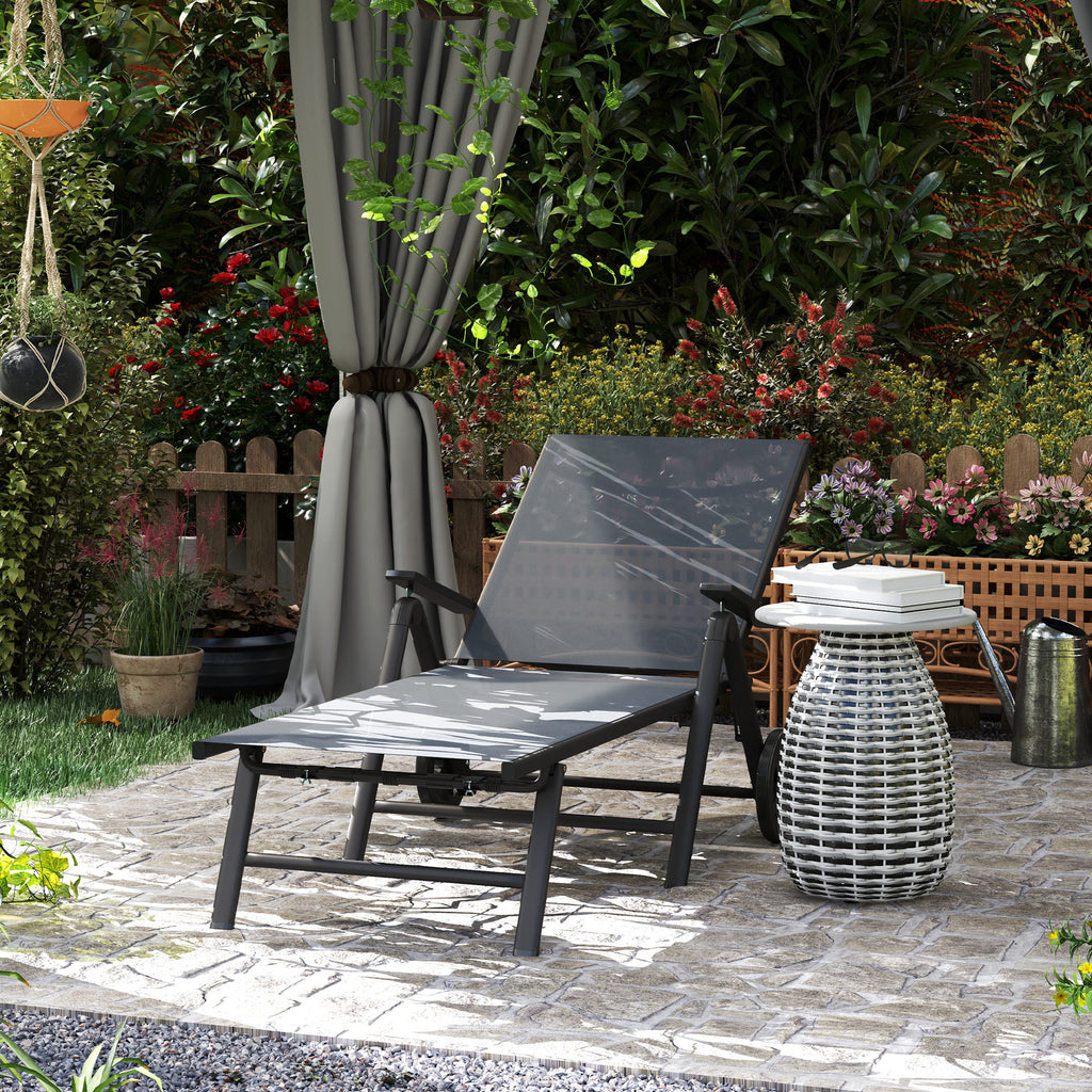 Folding and Reclining Deckchair in 5 Positions with Wheels, in Metal and Textilene, 72x158x84 cm, Gray
