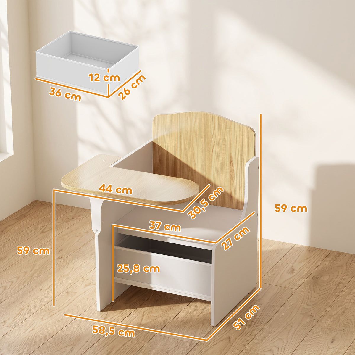 AIYAPLAY Children's Table and Chair Set for 3-5 Years Old in MDF Wood with Heart Patterns, Integrated Storage, White