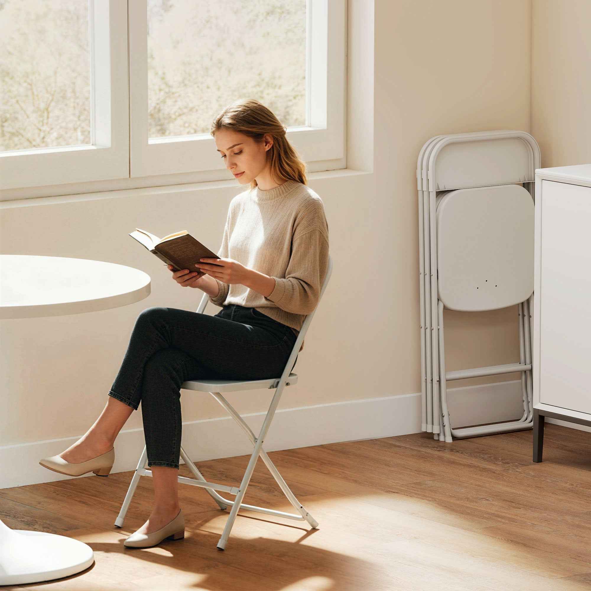 HOMCOM Set of 4 Folding Chairs with Drainage Holes in Plastic and Metal, 45x49x79.5 cm, White