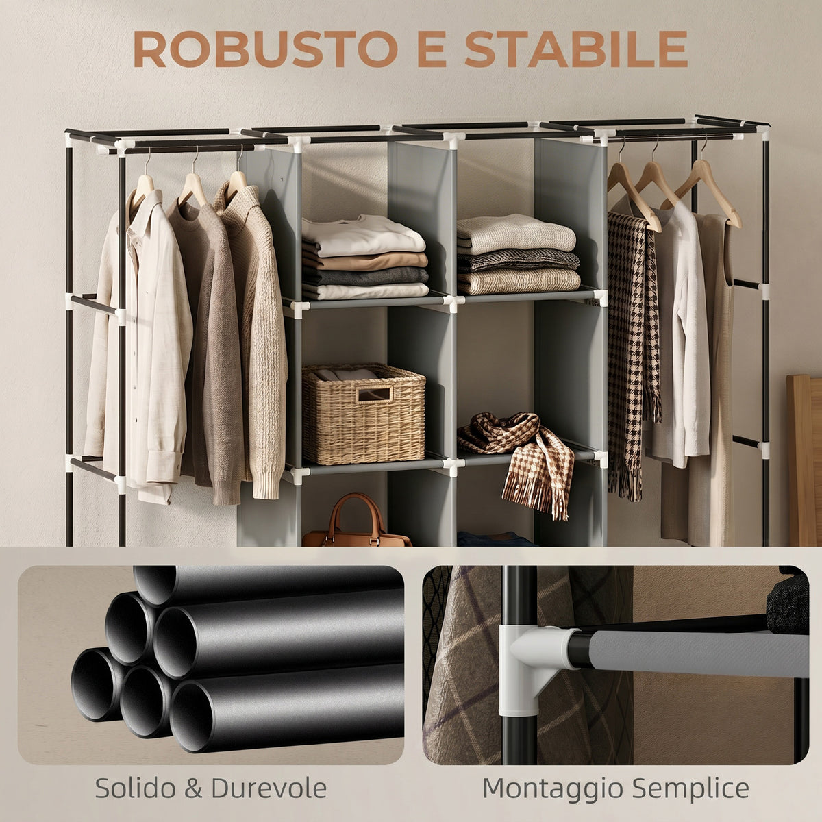 HOMCOM Portable Non-Woven Fabric and Steel Wardrobe with Wheels, 10 Compartments and 2 Hanging Rails, Dark Grey