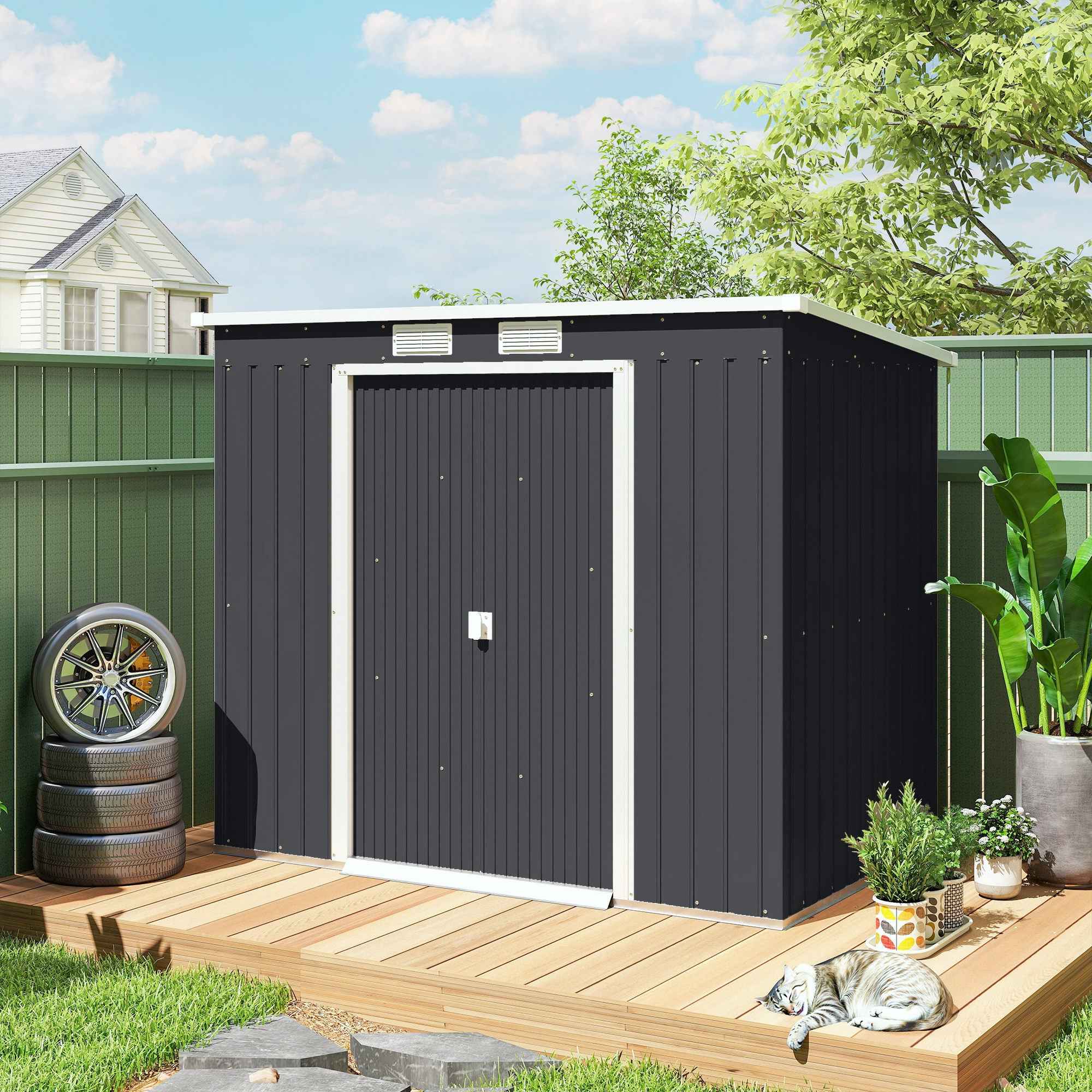 Outsunny Tool Shed with Sloped Roof, 2 Entrances and Air Vents, Steel, 213x130x172 cm, Dark Grey