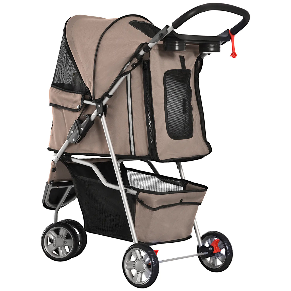Folding Dog Stroller for Small Dogs, Dog Pushchair with Braked Wheels, Cup Holder, Storage Basket and Removable and Washable Padding, for Pets up to 10 kg, Coffee - Borge' Group Limited