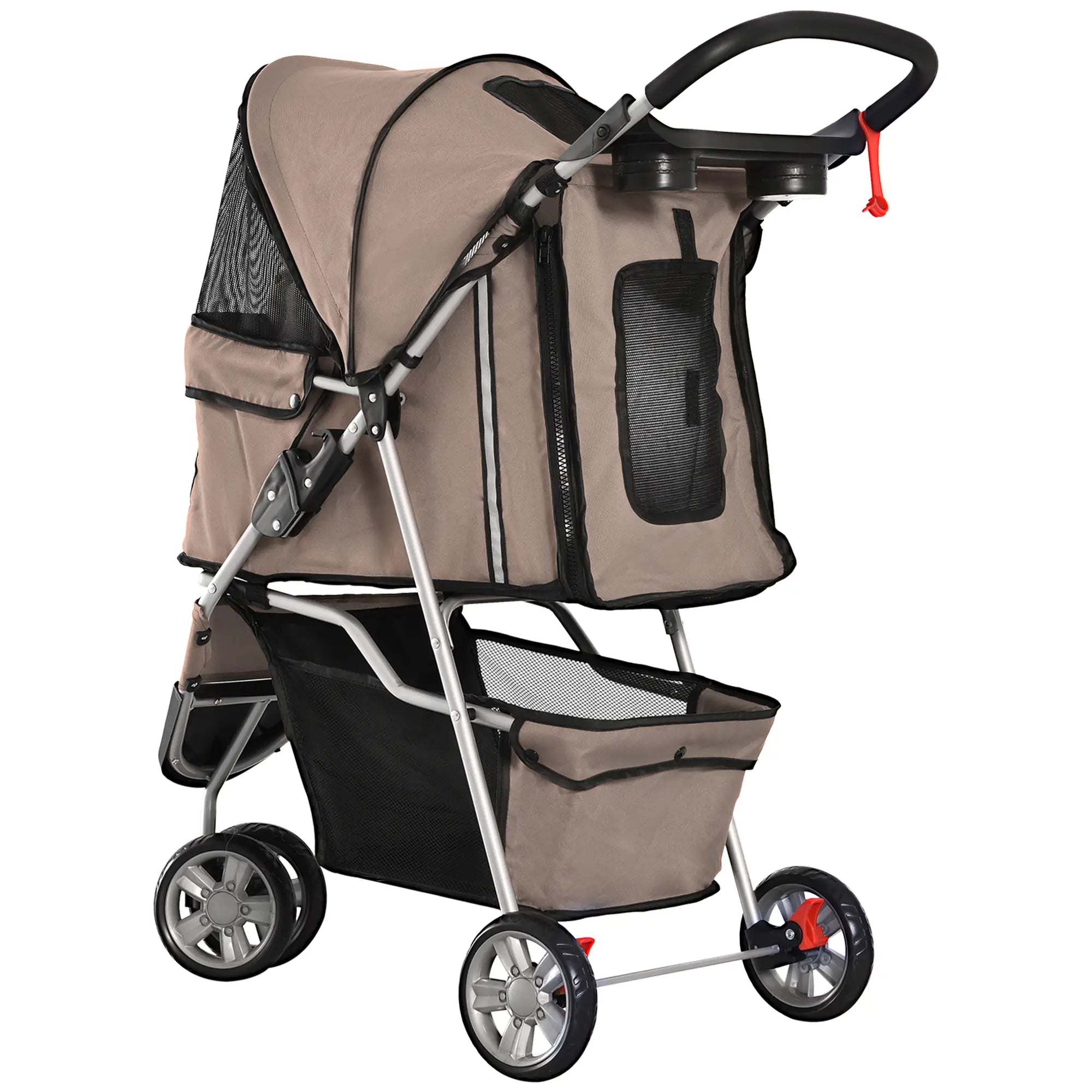 Folding Dog Stroller for Small Dogs, Dog Pushchair with Braked Wheels, Cup Holder, Storage Basket and Removable and Washable Padding, for Pets up to 10 kg, Coffee - Borge' Group Limited