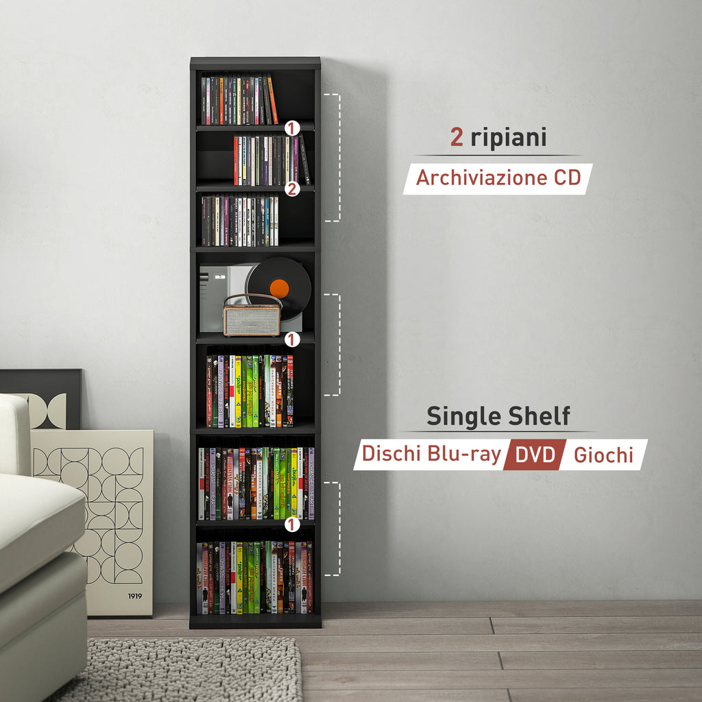 CD Rack with 6 Adjustable Shelves, Capacity of 260 CDs/120 DVDs, 33x24x140 cm, Black
