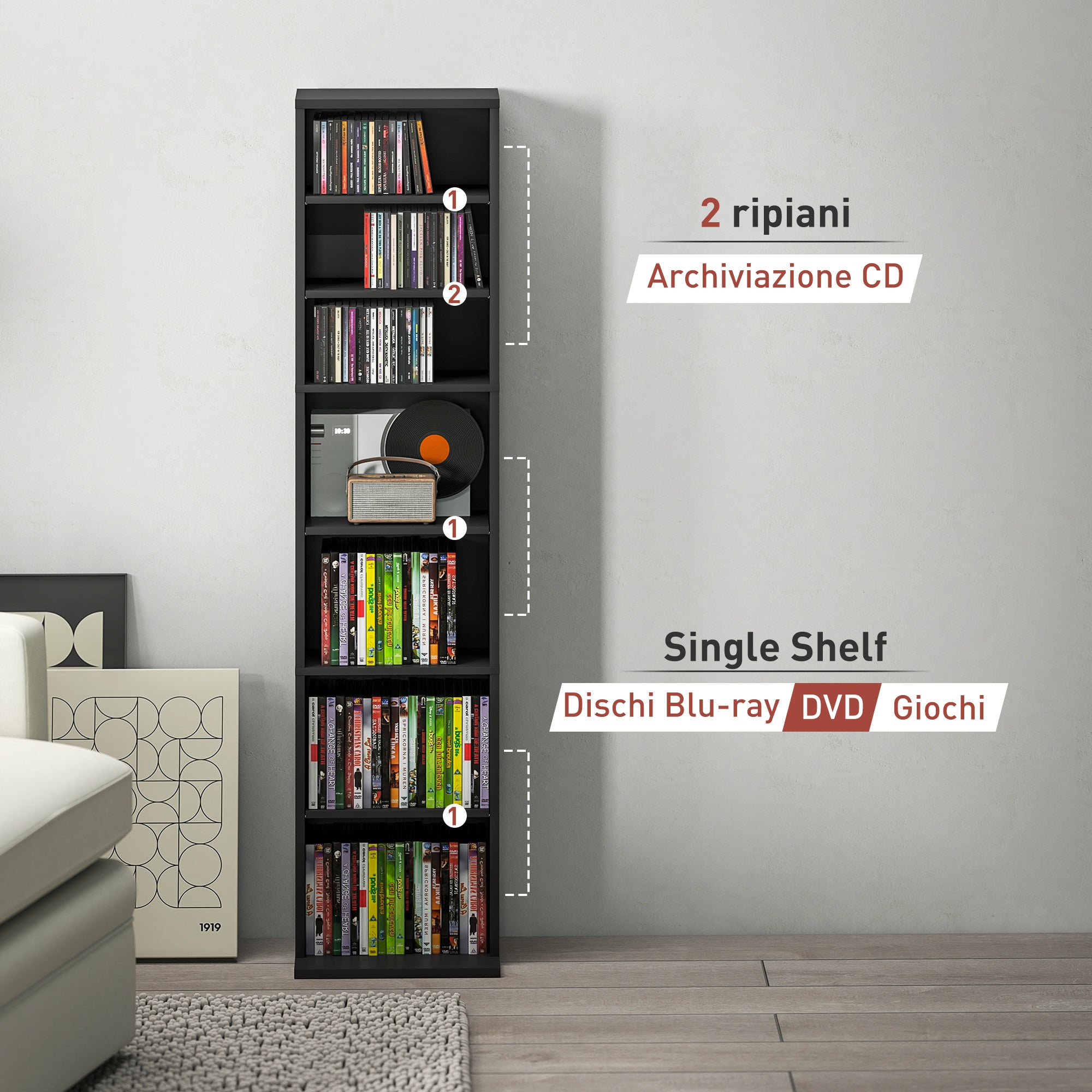 CD Rack with 6 Adjustable Shelves, Capacity of 260 CDs/120 DVDs, 33x24x140 cm, Black