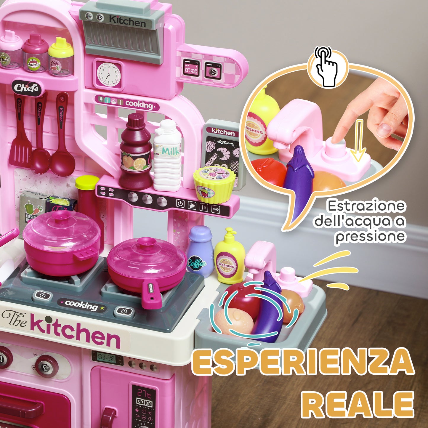 AIYAPLAY Children's Toy Kitchen of 33 Pieces with Lights, Sounds and Tap, in PP and ABS, 53x22x69 cm, Pink