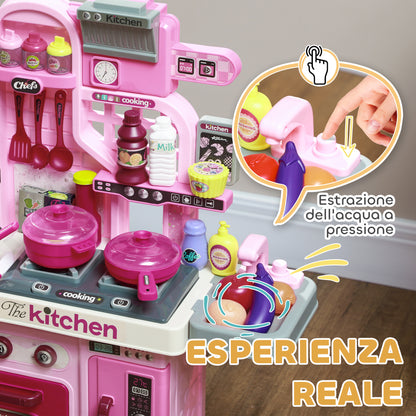 AIYAPLAY Children's Toy Kitchen of 33 Pieces with Lights, Sounds and Tap, in PP and ABS, 53x22x69 cm, Pink