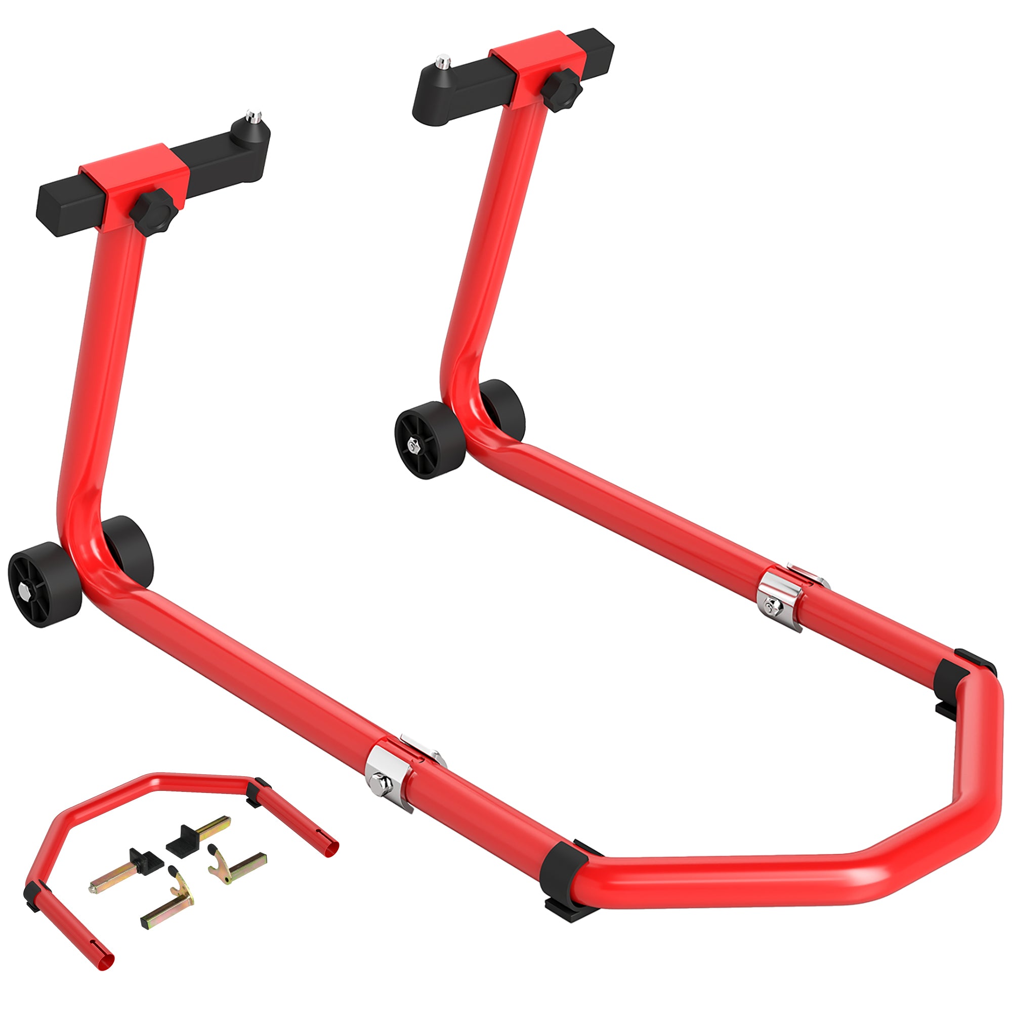 Motorcycle Front and Rear Stand with 390 kg Capacity, U and L Forks, Non-Slip Wheels and Pads, Red