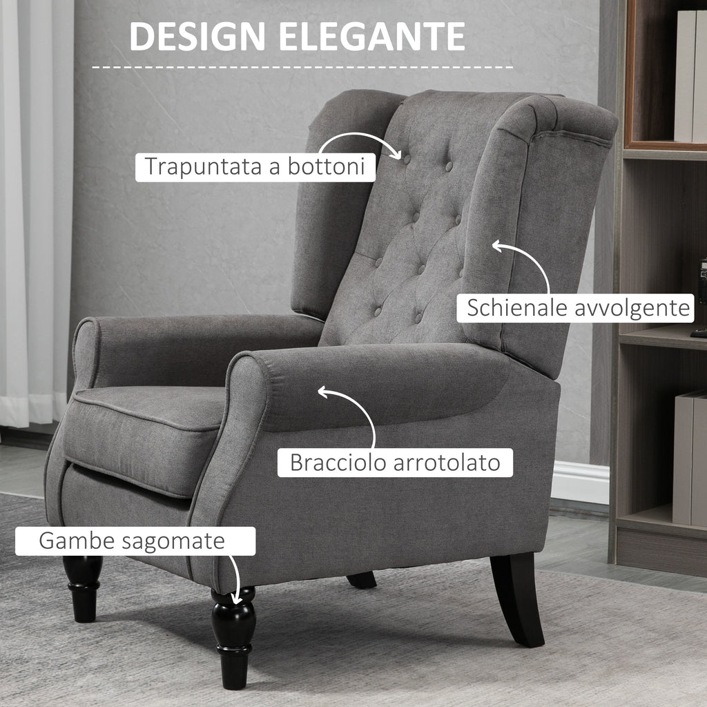 French Style Lounge Chair with Wooden Legs and Removable Cushions, 74x86x102 cm, Grey