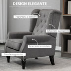 French Style Lounge Chair with Wooden Legs and Removable Cushions, 74x86x102 cm, Grey