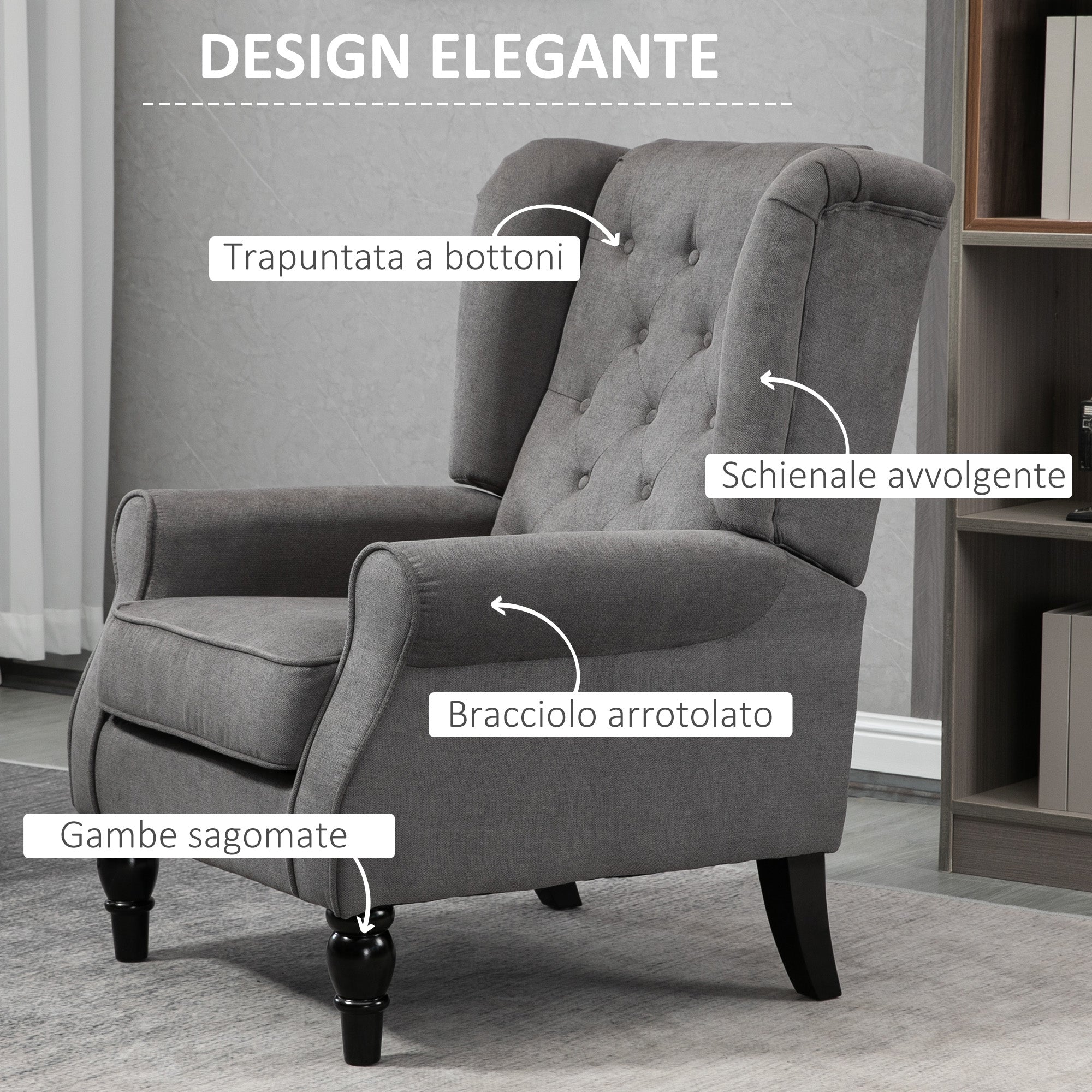 French Style Lounge Chair with Wooden Legs and Removable Cushions, 74x86x102 cm, Grey