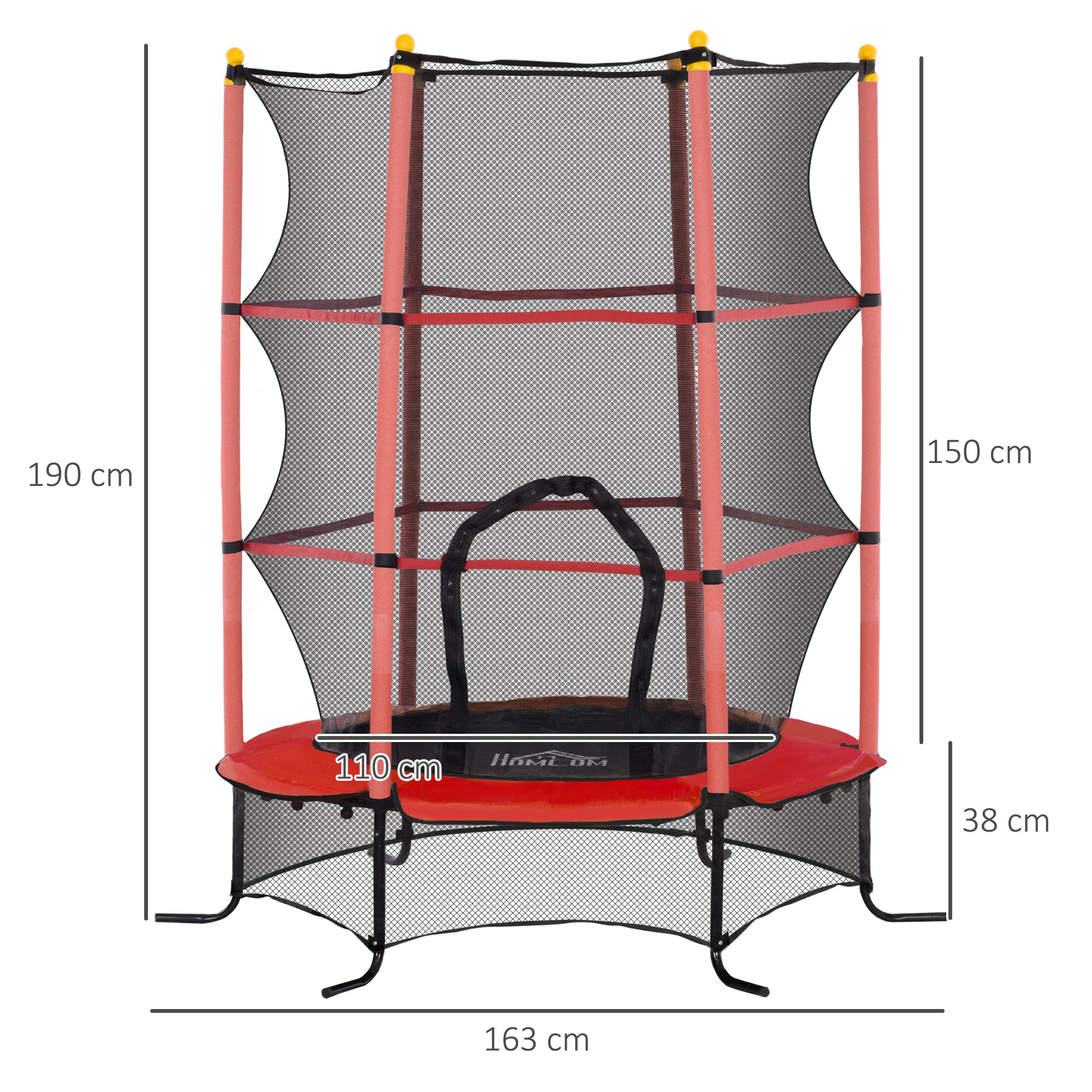 Children's Trampoline Ø1.6x1.9 m with Safety Net and Padded Poles, Ages 3-10 Years, Red