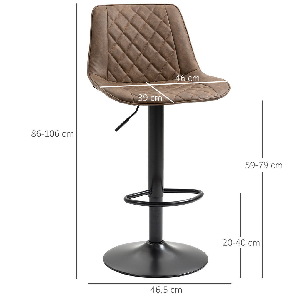 Set of 2 Bar Stools with Adjustable Height and Swivel, Faux Leather Cover, Dark Brown