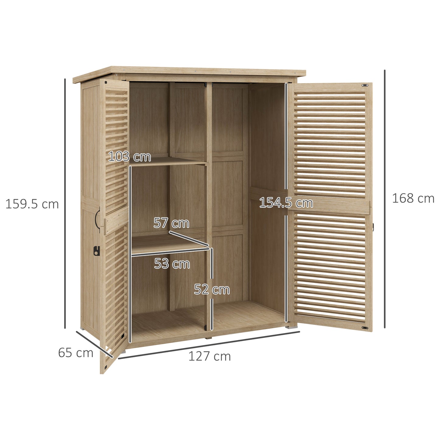 Outdoor Storage Cabinet with 2 Shelves with Pegs, in Fir Wood, 127x65x159.5/168 cm - Borgè