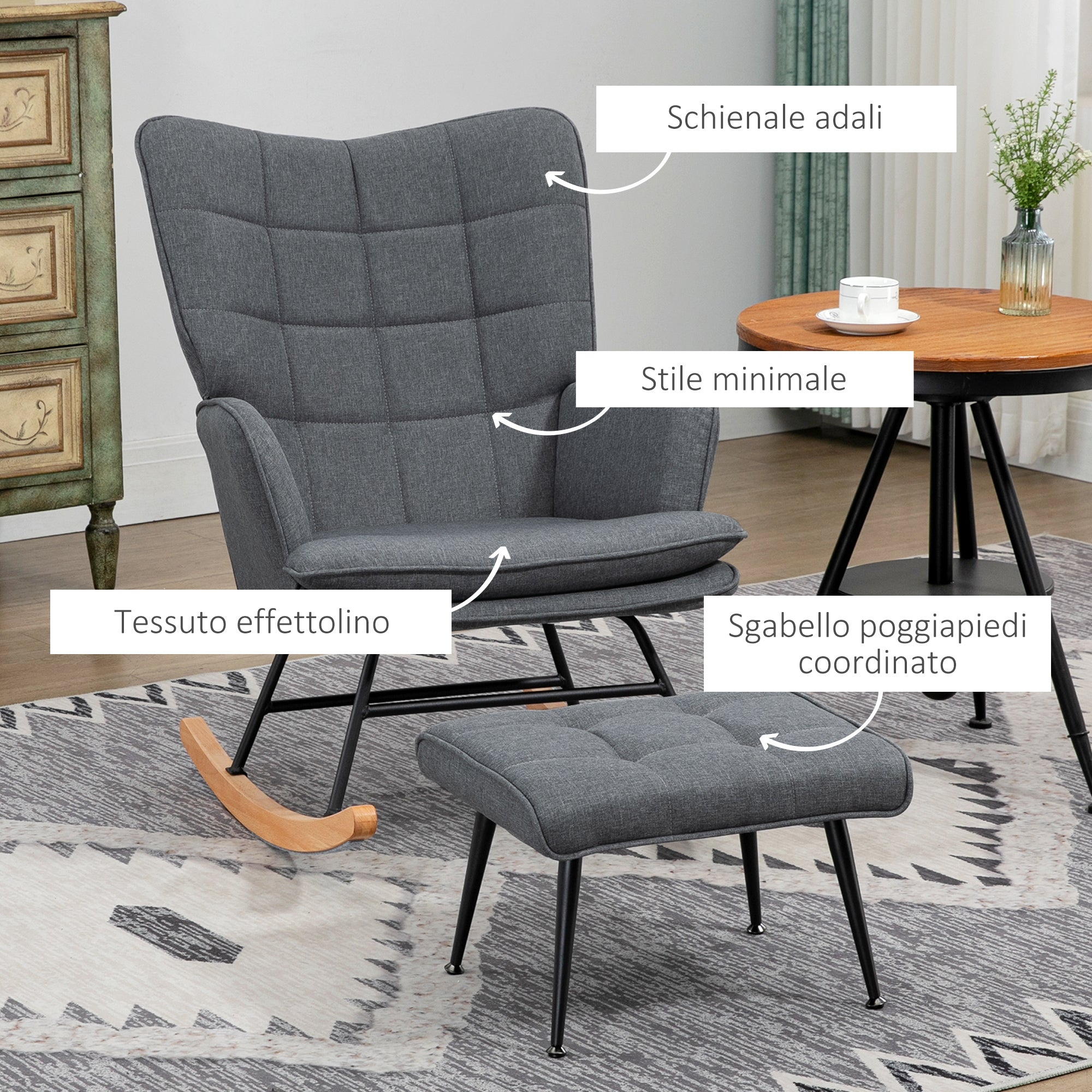 Rocking Chair with Ottoman in Linen and Wood Effect Fabric with Cushion, Armrests, 130 kg Capacity, Grey