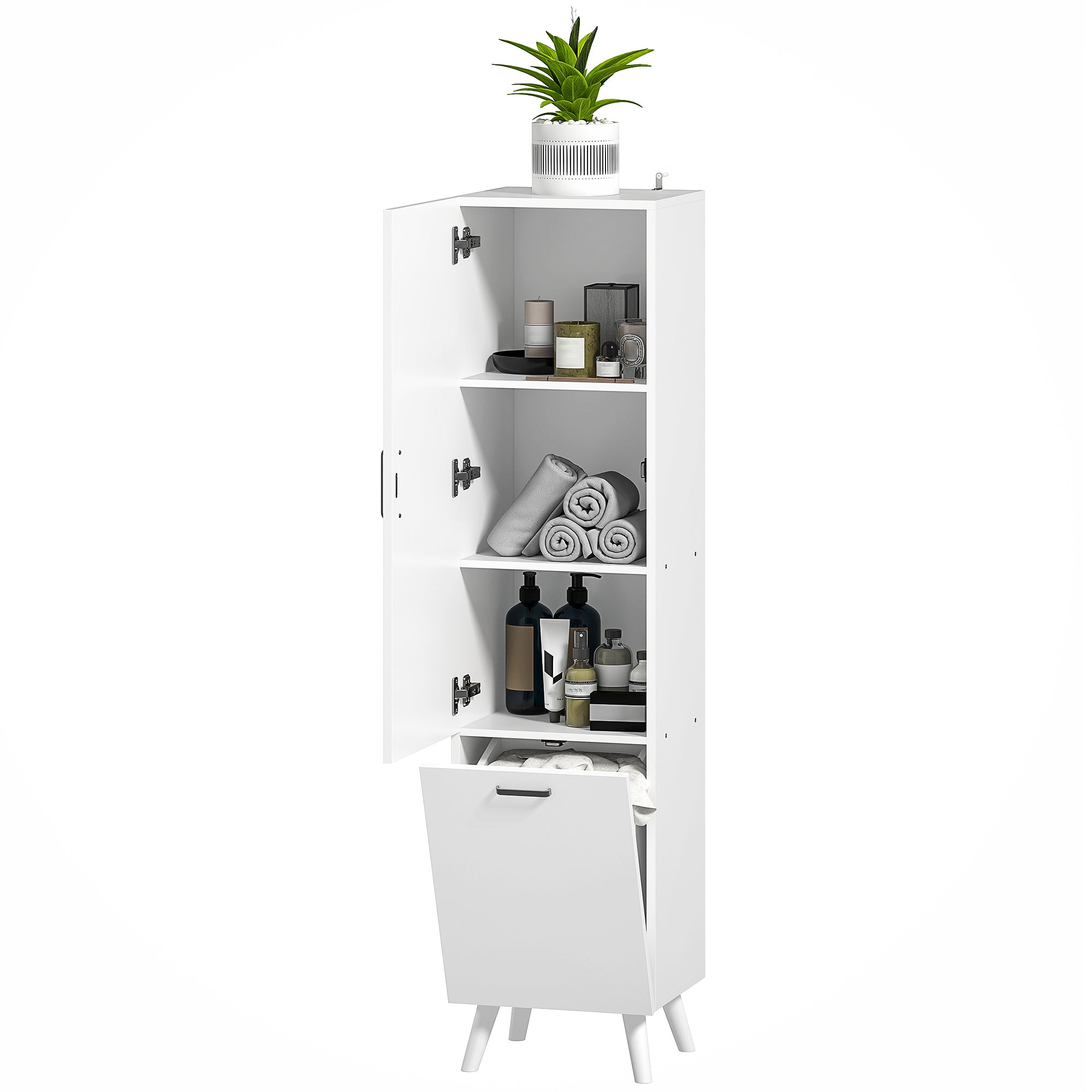 Bathroom Cabinet with 3 Shelves and Bottom Storage Space, Wooden, 35x31.5x144 cm, White