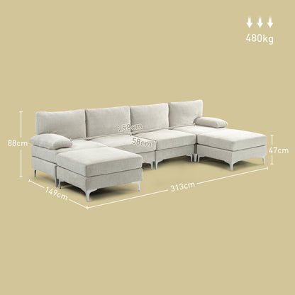 CHIARO | 4 Piece Modular Sofa with Footrest and Cushions, in Chenille Effect Fabric, 313x149x88 cm, Cream White