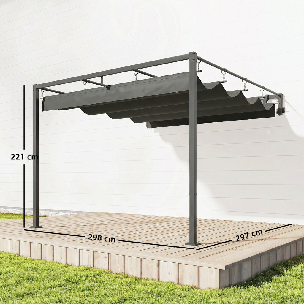 Outsunny 3x3m Lean-to Pergola with Retractable Sliding UV30+ Roof and Drainage Holes, Dark Grey