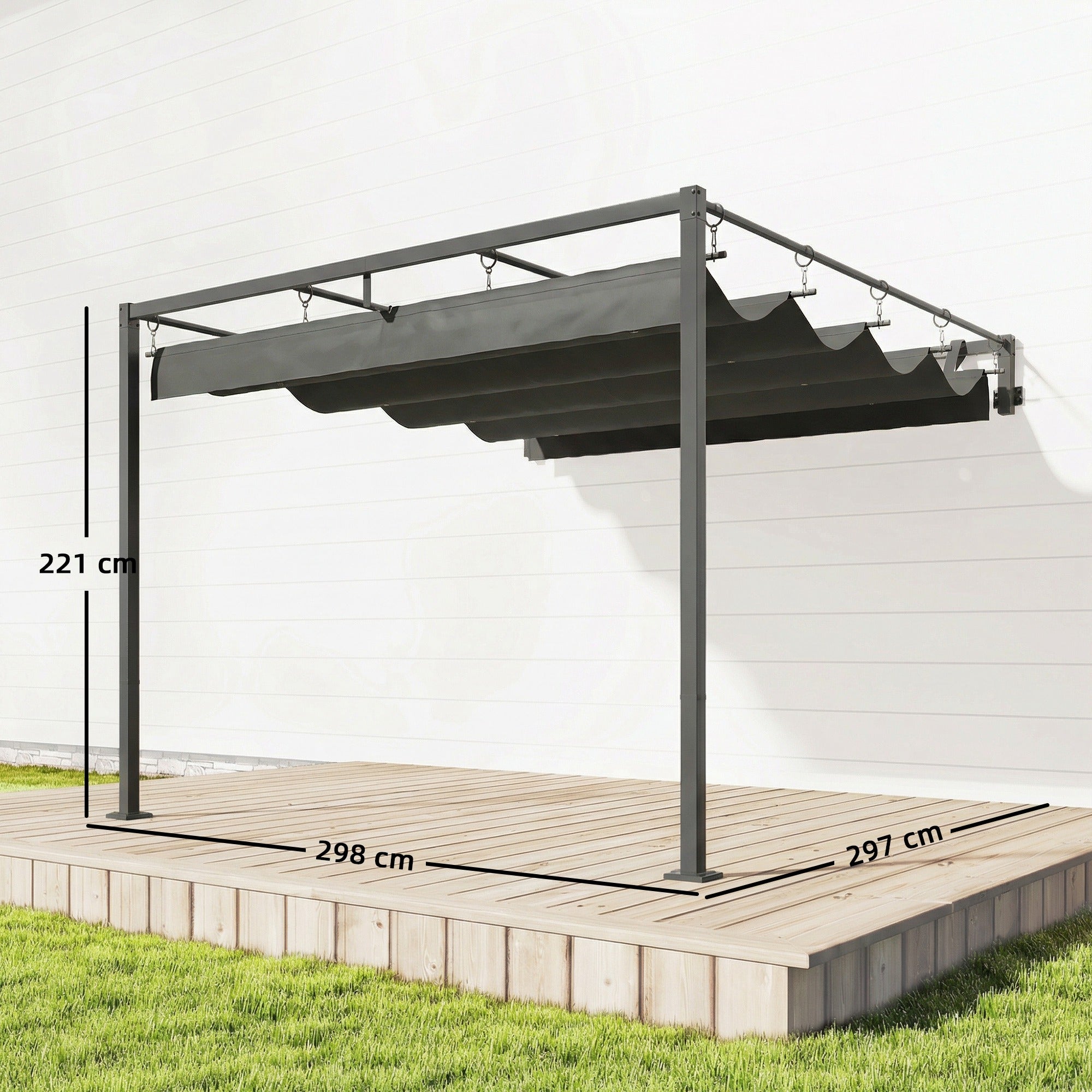 Outsunny 3x3m Lean-to Pergola with Retractable Sliding UV30+ Roof and Drainage Holes, Dark Grey