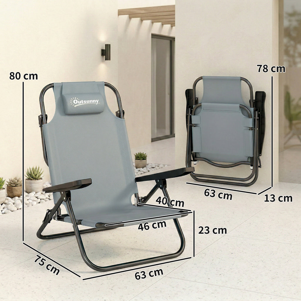 Outsunny Set of 2 Portable Camping Chairs, Folding Beach Chairs, Adjustable Backrest, Light Grey.