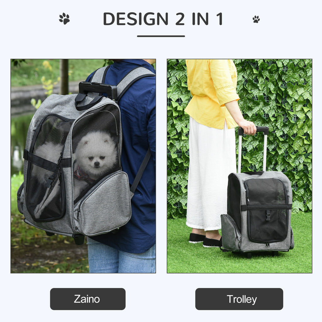 2-in-1 Pet Carrier Backpack for Dogs and Cats with Side Pockets, Telescopic Handle and Wheels, 42x25x55cm, Grey