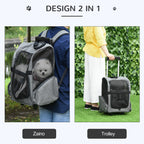 2-in-1 Pet Carrier Backpack for Dogs and Cats with Side Pockets, Telescopic Handle and Wheels, 42x25x55cm, Grey