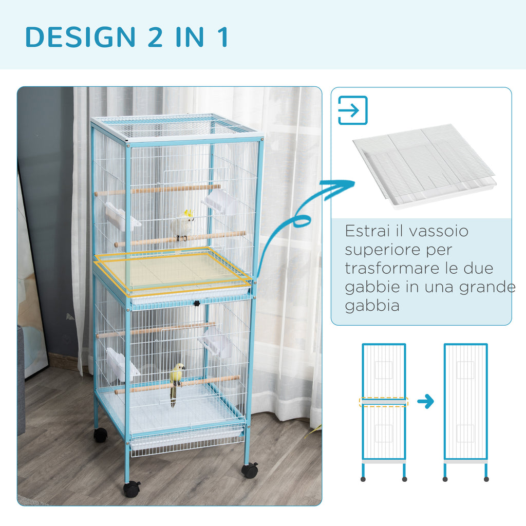 2-in-1 Bird Cage Indoor Aviary with 4 Wheels and Removable Trays, 51.5x50x140cm