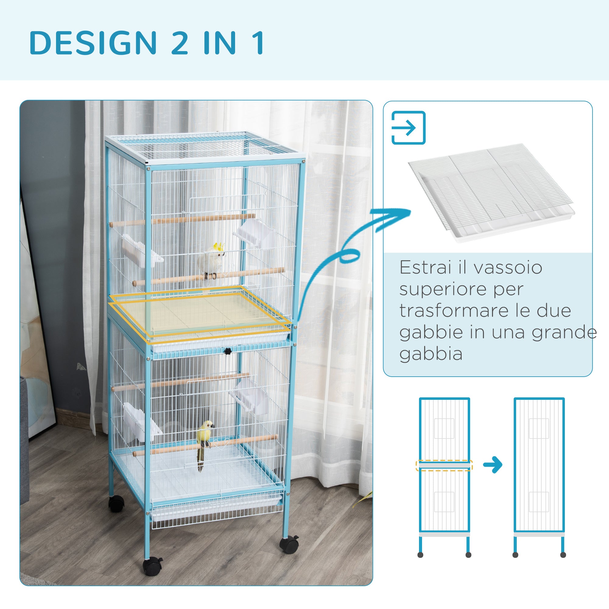 2-in-1 Bird Cage Indoor Aviary with 4 Wheels and Removable Trays, 51.5x50x140cm