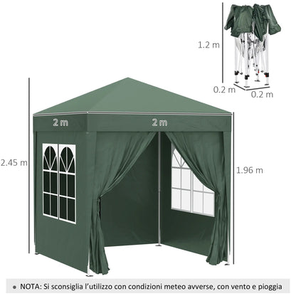 Gazebo 2x2 m Folding with 4 Removable Walls and Carry Bag, in Metal and Polyester, Green