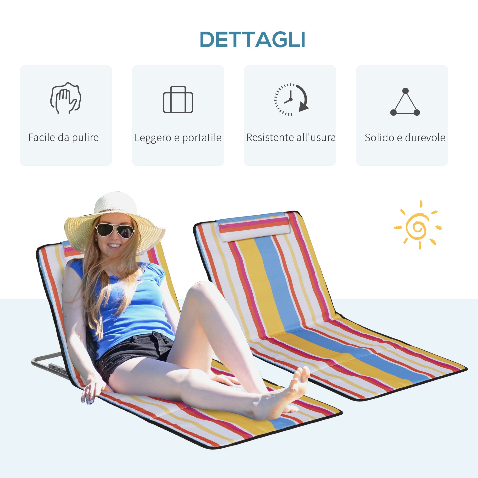 Set of 2 Folding Beach Chairs with Adjustable Backrest and Headrest, 53x124x35-45 cm, Multicolor